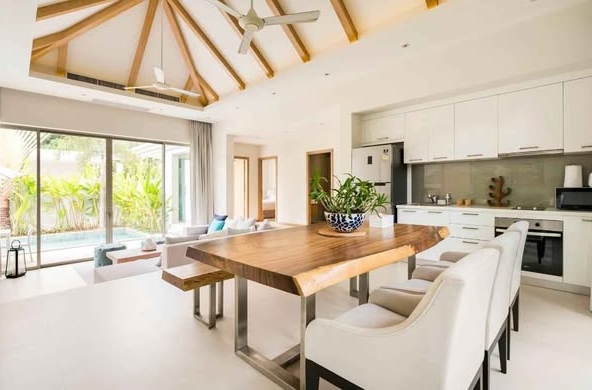 living room and room interior and kitchen of The M Pool Villas Bangkok – Ekkamai